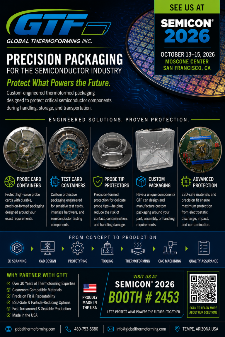 Semiconductor packaging and thermoformed protective packaging solutions from Global Thermoforming, including probe card containers, test card containers, probe tip protectors, and custom ESD-safe packaging. SEMICON 2026 Booth 2453.